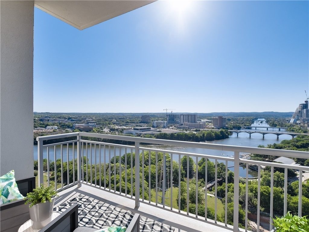 Downtown Austin skyline view from a high-rise balcony, one of Lara's recent condo transactions