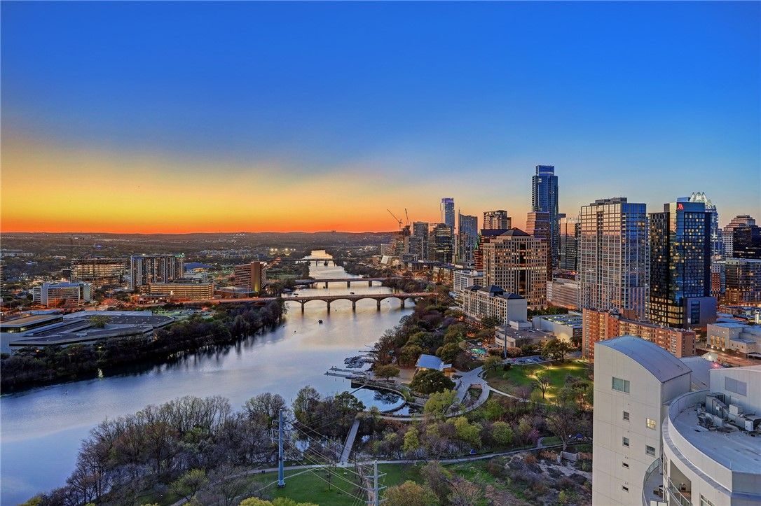 Downtown Austin, Texas skyline at sunset over Lady Bird Lake
